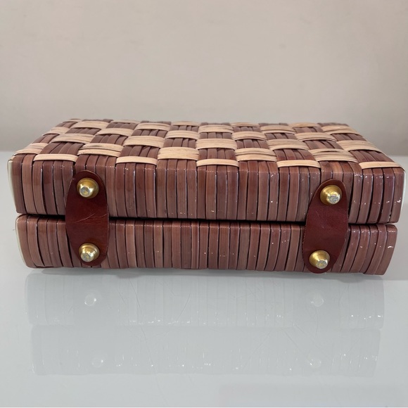 PURSE | Brown, tan & gold checkered basket woven medium box spring hand purse - Picture 13 of 16